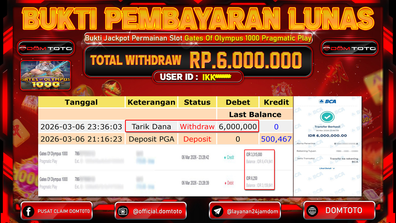 JACKPOT SLOT Gates Of Olympus 1000 Pragmatic Play 06 MARET 2026