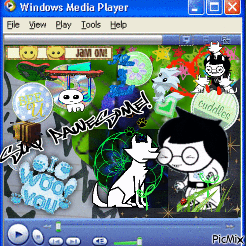 jade harley dancing with her dog standing beside her. she is in a windows media player border with a picmix watermark in the bottom right corner.