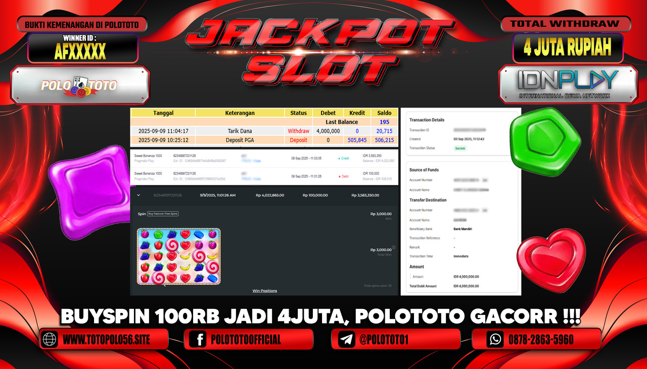 POLOTOTO JACKPOT SLOT SWEET BONANZA 1000 Rp.4.000.000,- LUNAS