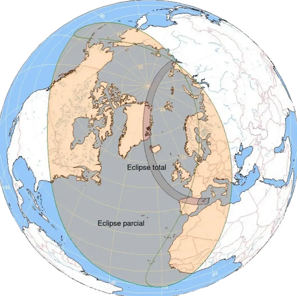paso del eclipse total de Sol el 12 ago 2026 por encima del globo terrestre