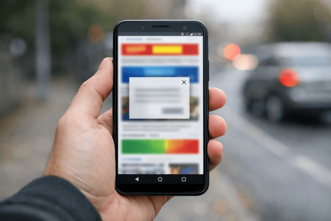 Смартфон в руке, сайт с размытыми баннерами и всплывающими окнами