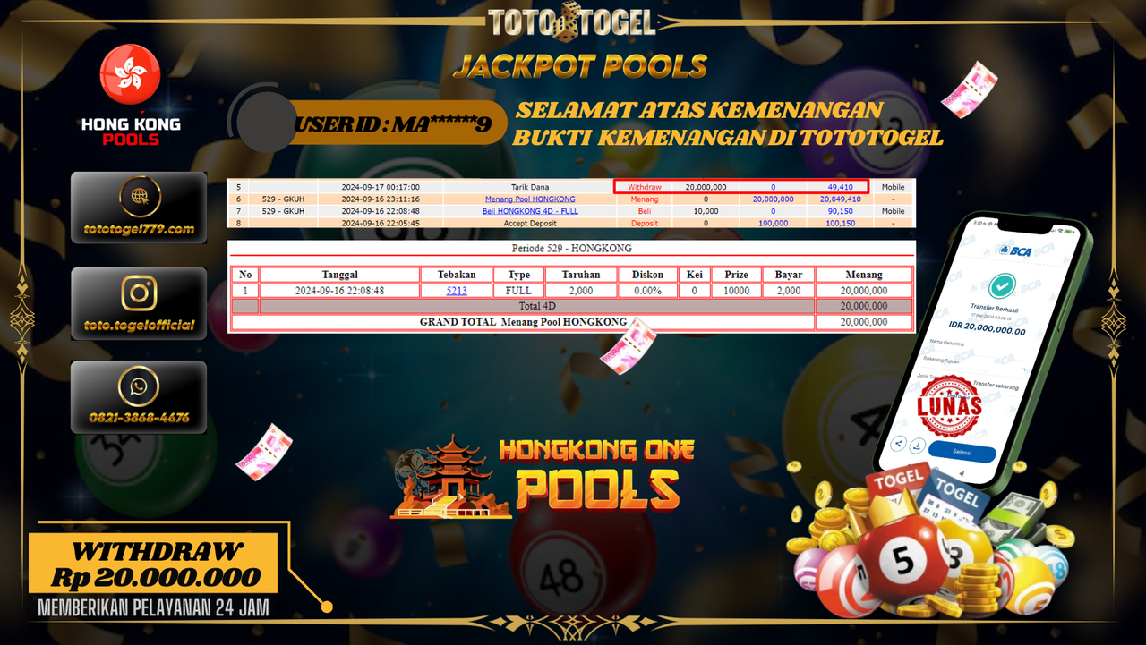 Bukti Kemenangan Permainan Togel Hongkong Pools Dengan ID : MA*****9  Terbayar Lunas!!