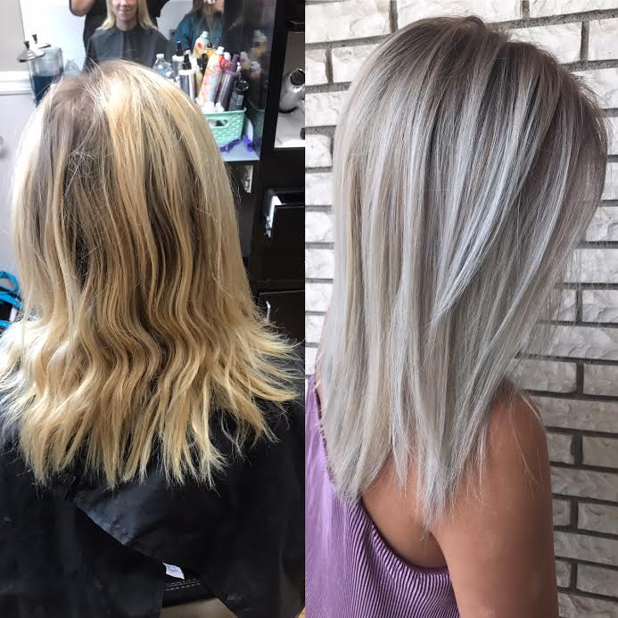 Gray hair colored to icy blond brass