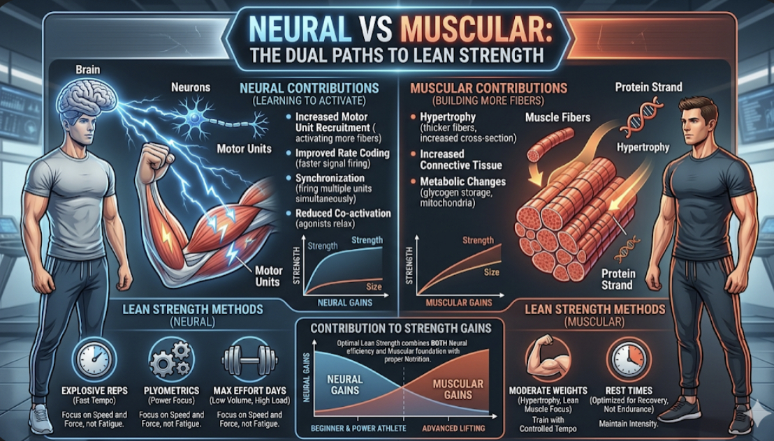 Infographic comparing neural vs muscular contributions to strength gains over time, showing lean strength training methods and gain strength without weight gain