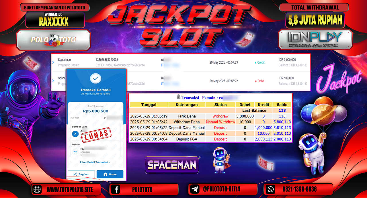 POLOTOTO JACKPOT SLOT SPACEMAN Rp.5.800.000,-
