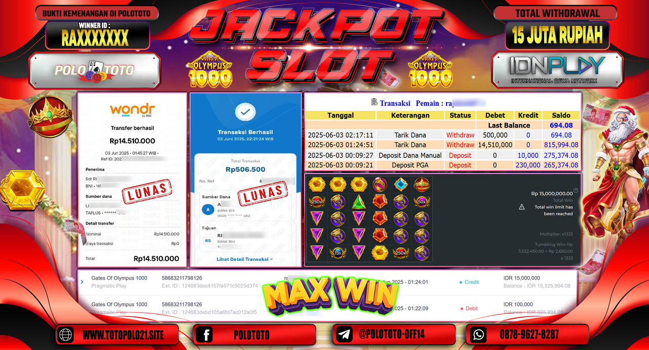 POLOTOTO JACKPOT SLOT GATES OF OLYMPUS 1000 Rp.15.000.000,-