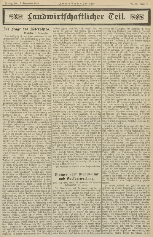 1920 0917 TBZ Brennstoffverknappung staatlicher Zugriff auf Torfmoore Alpenländische Trofindustrie