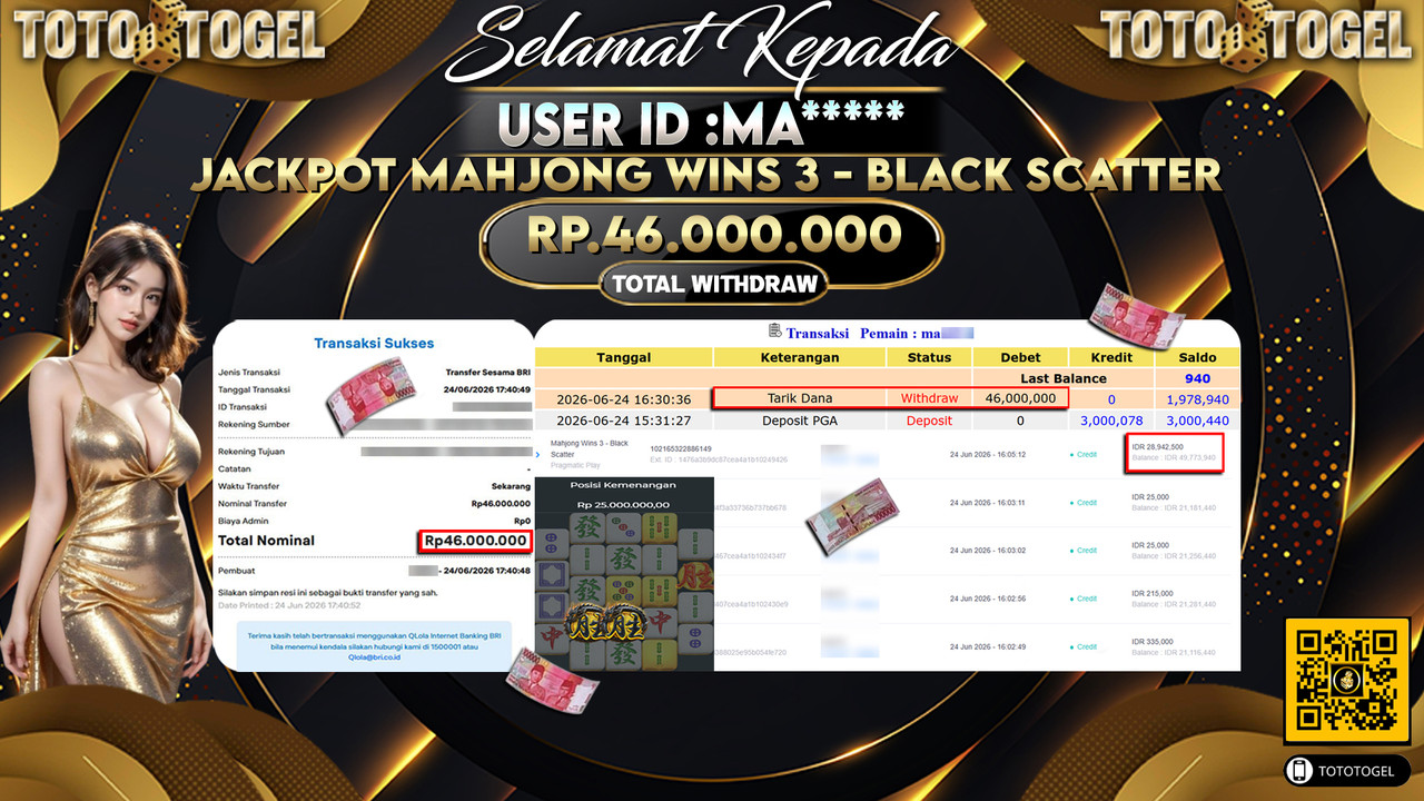 Bukti Pembayaran Jackpot Permainan Slot Mahjong Wins 3 - Black Scatter ID:MA*****LUNAS