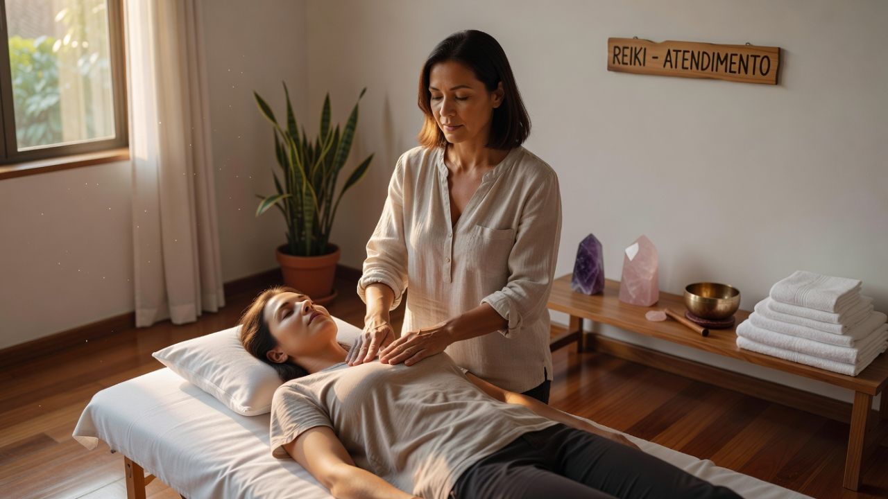 Terapeuta Reiki realizando sessão