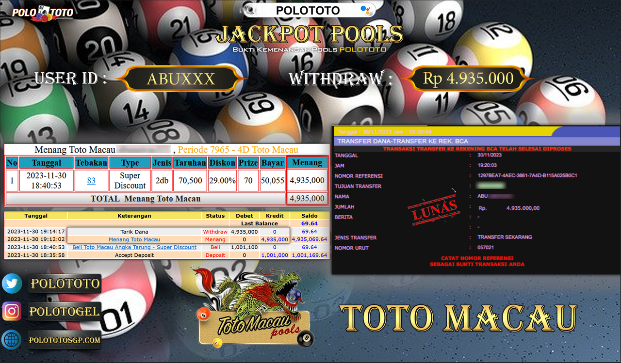BUKTI PEMBAYARAN JACKPOT DIPOLOTOTO DIBAYAR LUNAS!!!