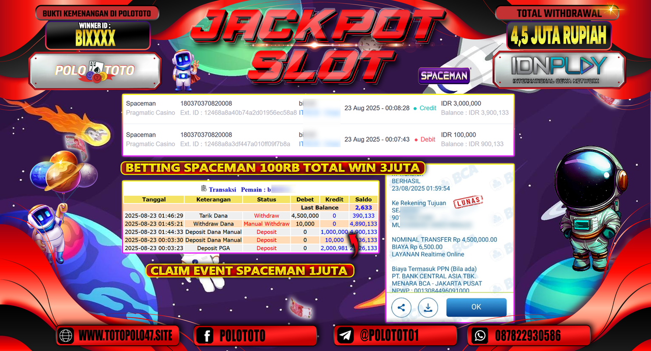 POLOTOTO JACKPOT SLOT SPACEMAN Rp.4.500.000,-
