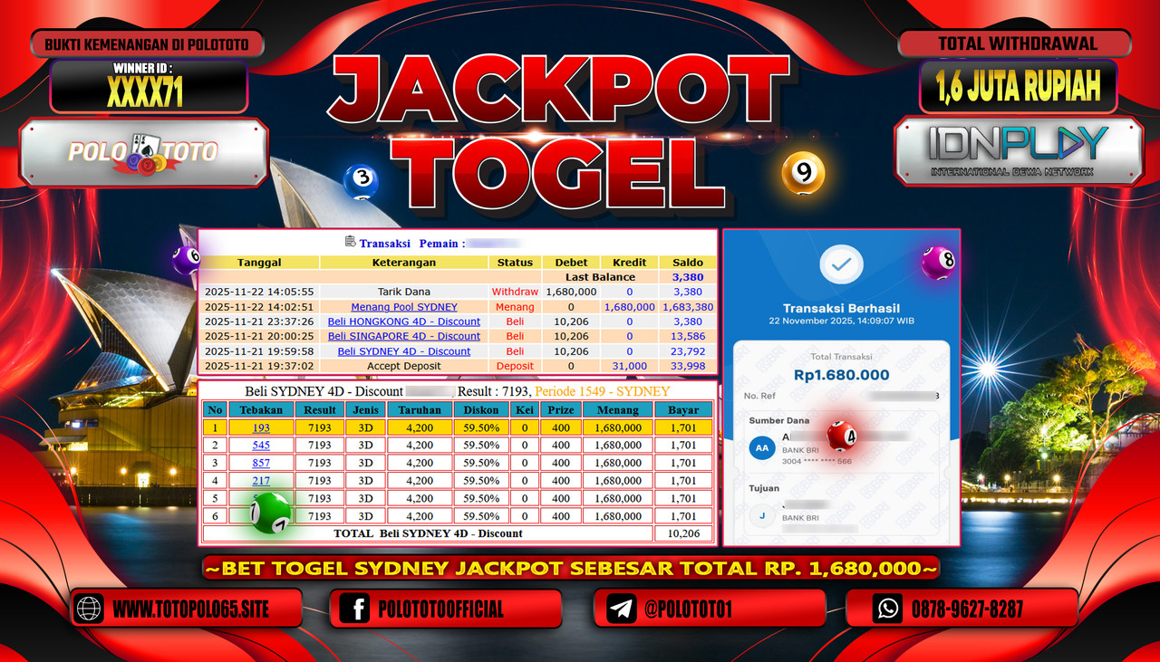 POLOTOTO JACKPOT TOGEL MENANG POOL SYDNEY Rp.1.600.000,- LUNAS