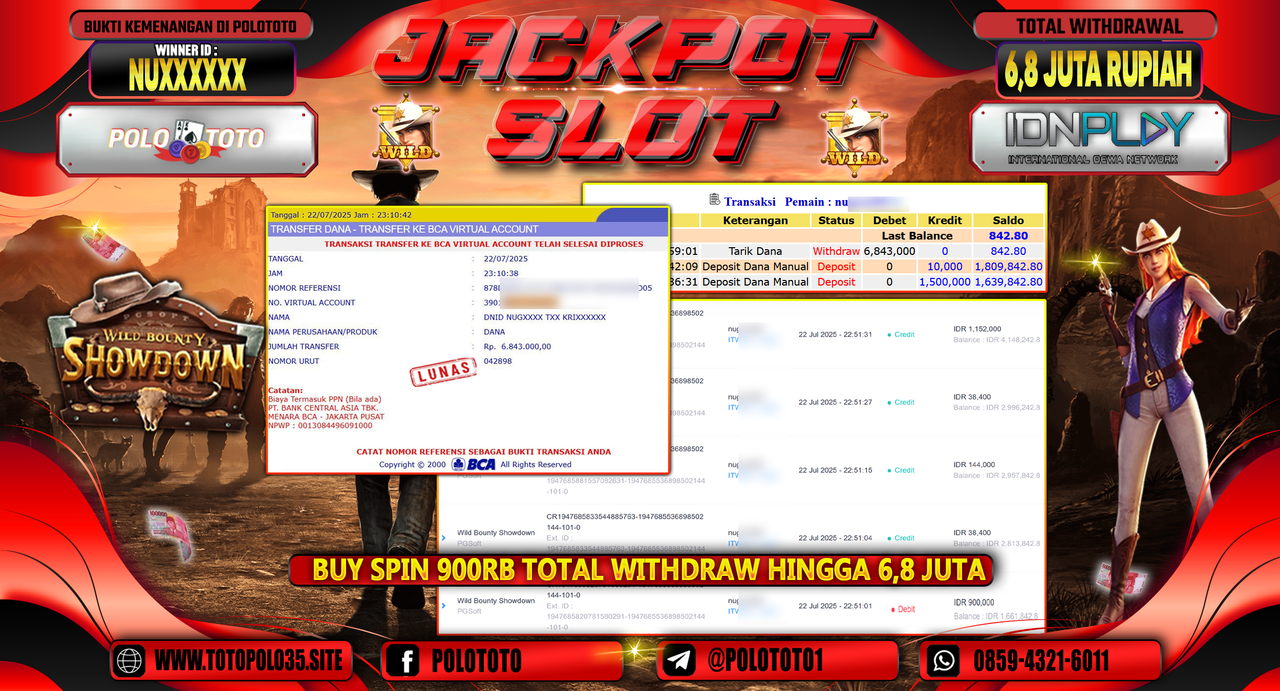 POLOTOTO JACKPOT SLOT WILD BOUNTY SHOWDOWN Rp.6.800.000,- LUNAS