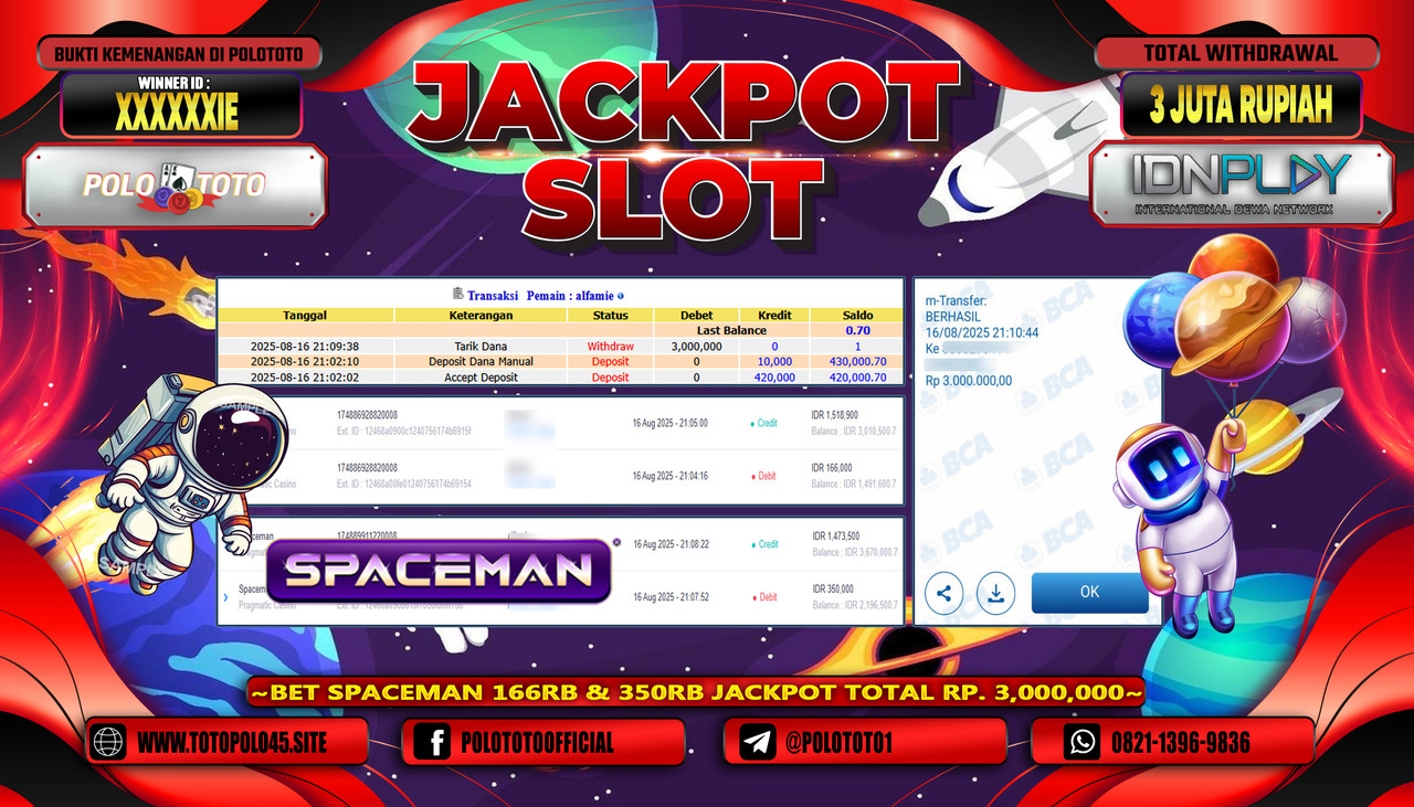 POLOTOTO JACKPOT SLOT SPACEMAN Rp.3.000.000,- LUNAS