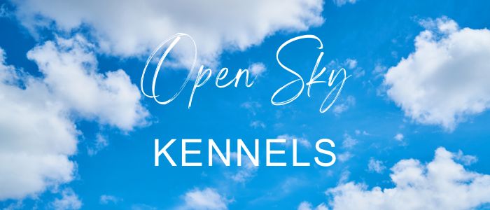 a blue cloudy sky background with the text open sky kennels in white