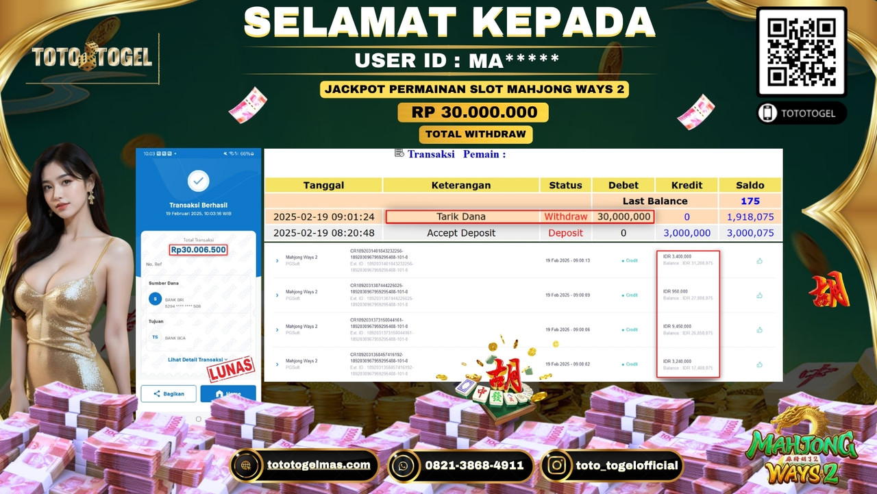 Bukti Pembayaran Jackpot  Permainan Slot Mahjong Ways 2  ID:MA**** LUNAS