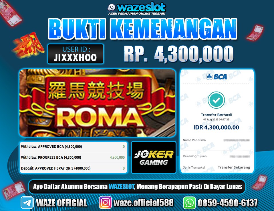 BUKTI KEMENANGAN 7 AGUSTUS 2025 GAME ROMA ( JOKER GAMING )