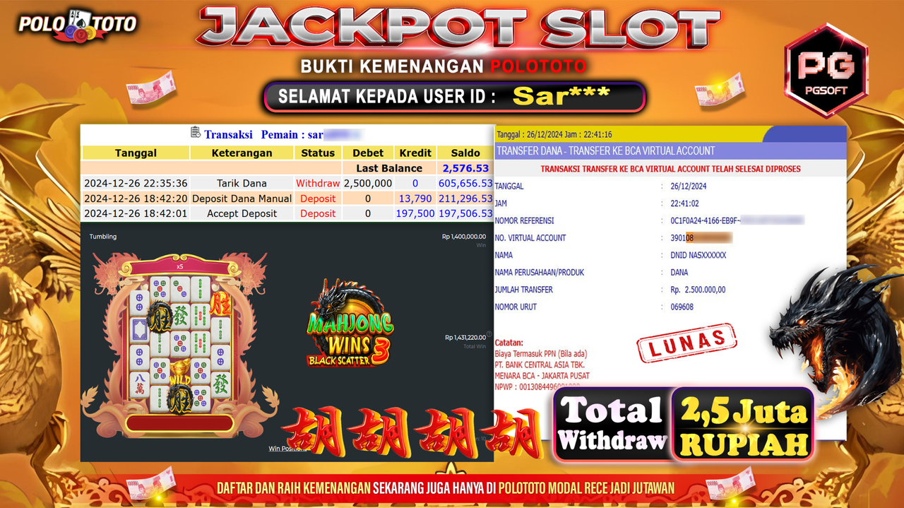POLOTOTO JACKPOT SLOT MAHJONG WINS BLACK SCATTER 3 Rp.2,500.000,-