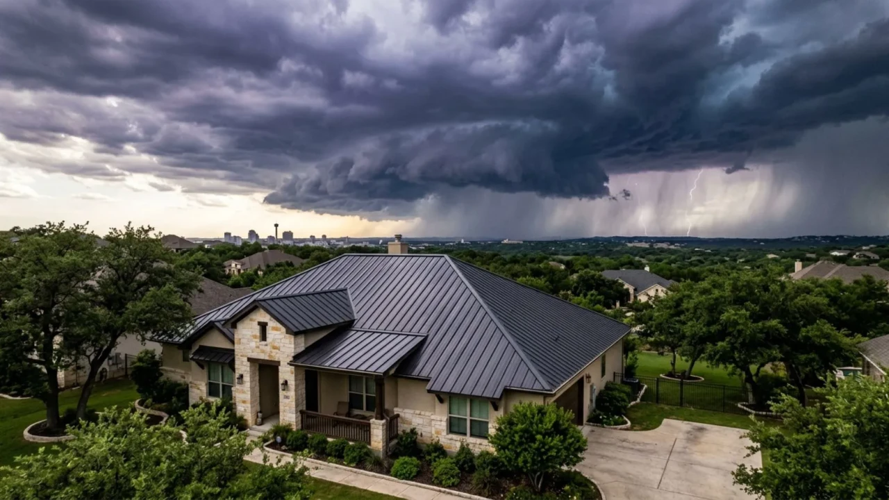 Metal roof on San Antonio home with hail storm approaching in background
