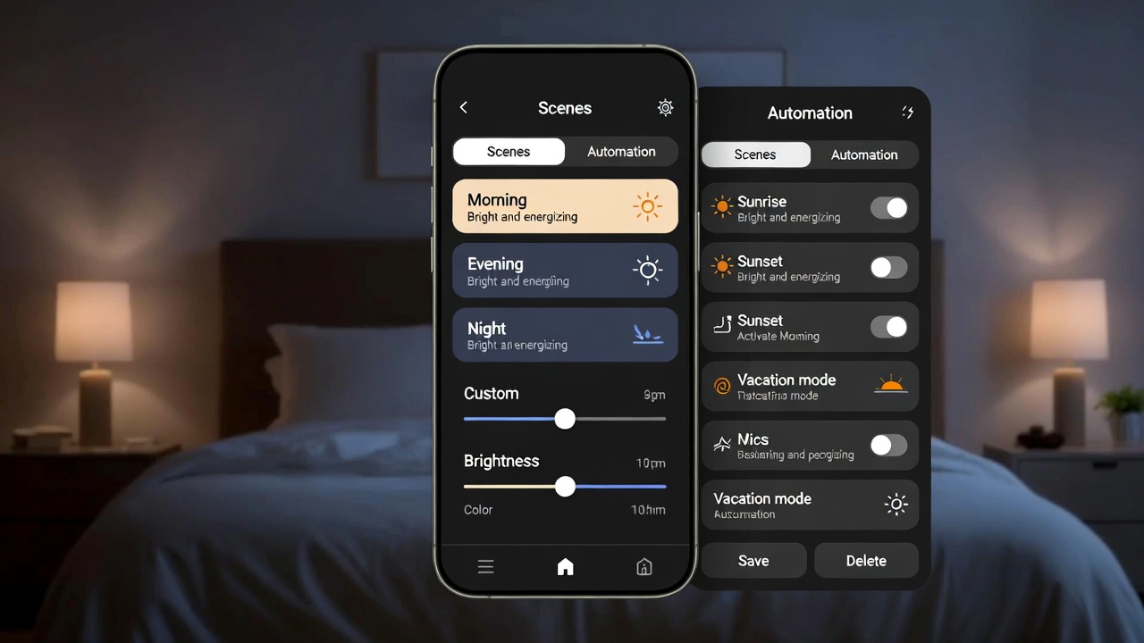 Smartphone app showing smart lighting controls with scenes and automation settings for whole-home setup