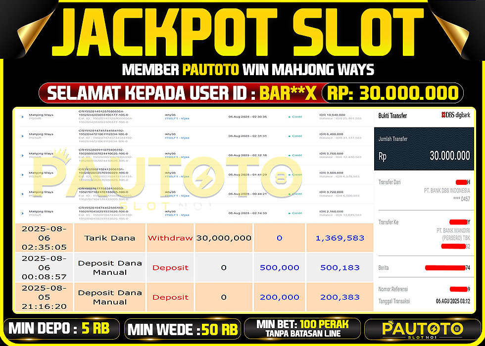 BUKTI PEMBAYARAN TGL 5 AGUSTUS 2025 MENANG DI PERMAINAN MAHJONG WAYS TOTAL WD 30 JUTA