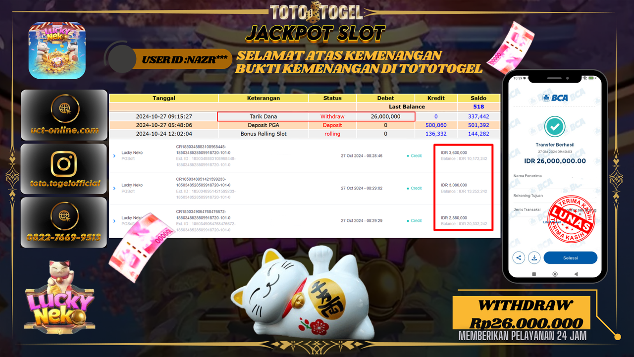 Bukti Pembayaran Permainan Jackpot Slot Lucky Neko ID : NAZR*** LUNAS
