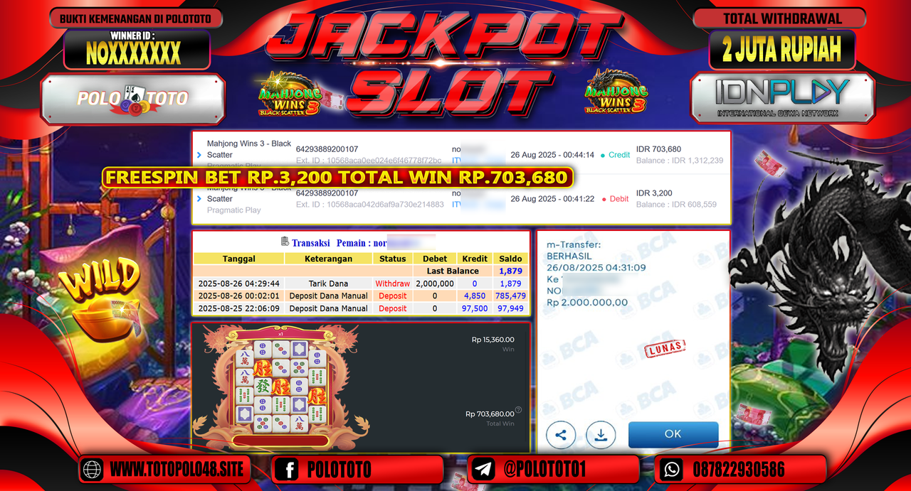 POLOTOTO JACKPOT SLOT MAHJONG WINS 3-BLACK SCATTER Rp.2.000.000,-