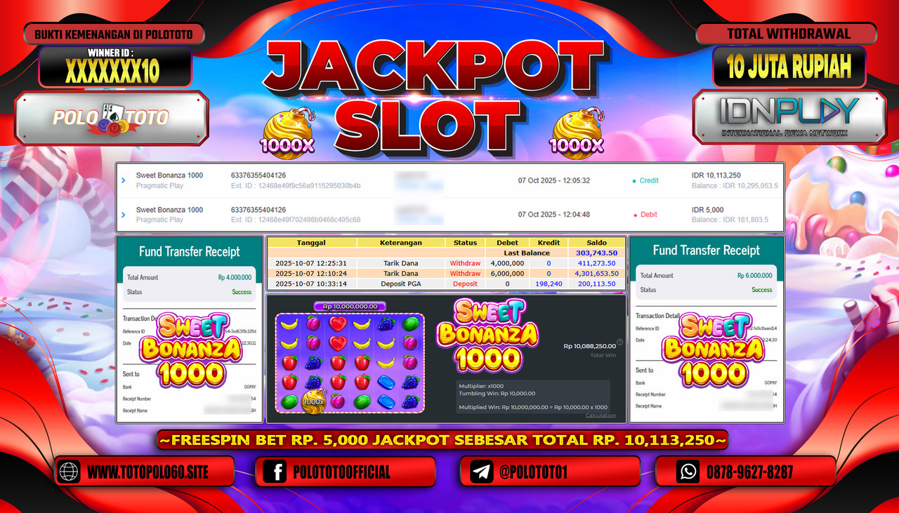 POLOTOTO JACKPOT SLOT SWEET BONANZA 1000 Rp.10.000.000,- LUNAS