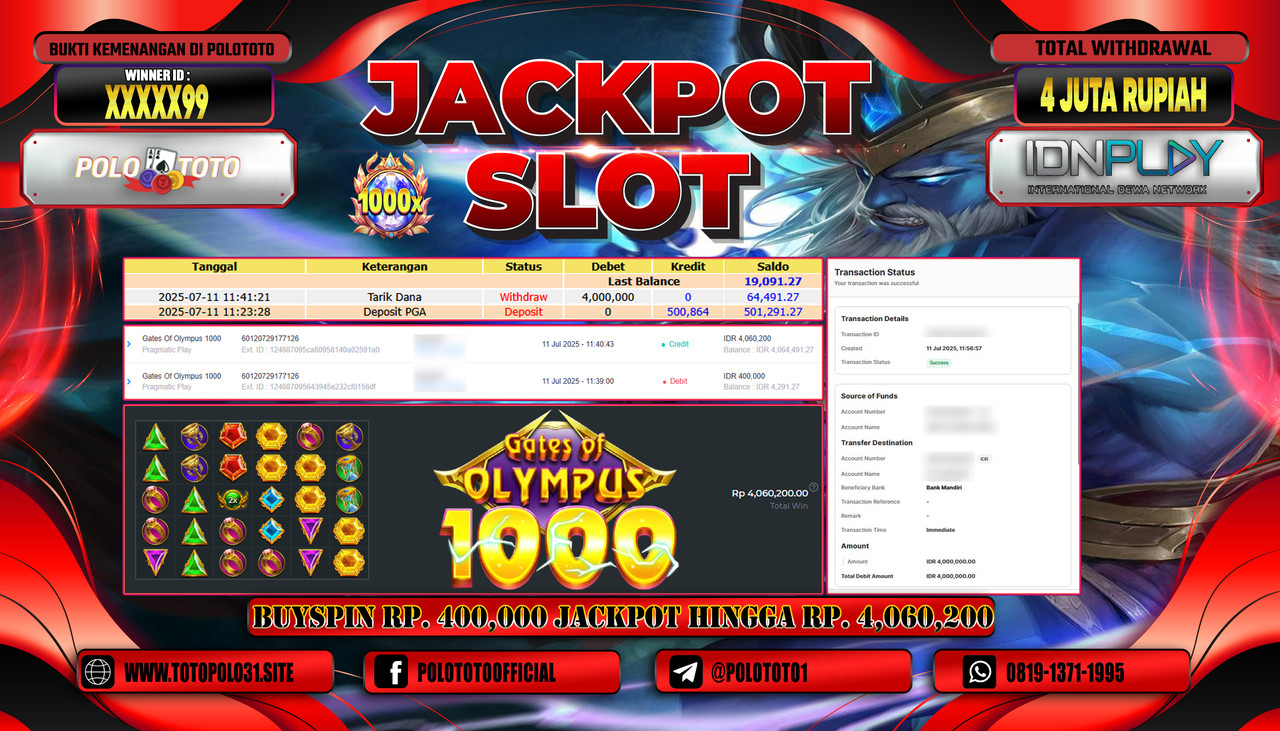 POLOTOTO JACKPOT SLOT GATES OF OLYMPUS 1000 Rp.4.000.000,- LUNAS