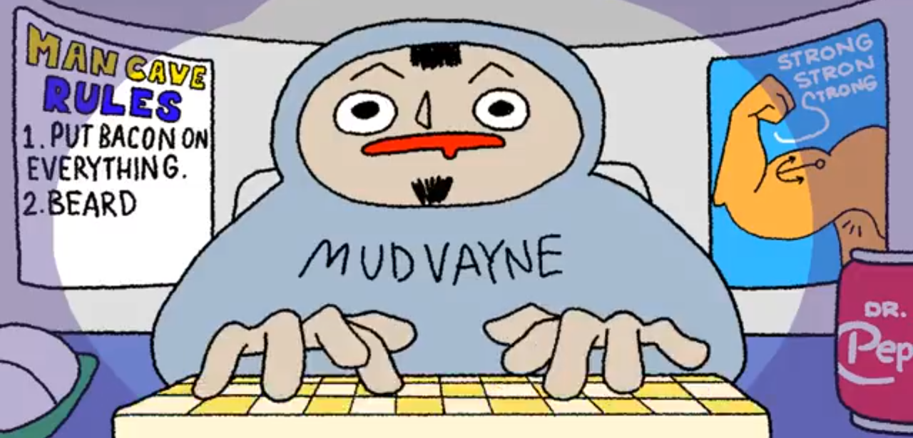 close up of a character with a hoodie that says mudvayne typing ona yellow keyboard behind him aregoofy masculine posters that parody traditional masculine ideals