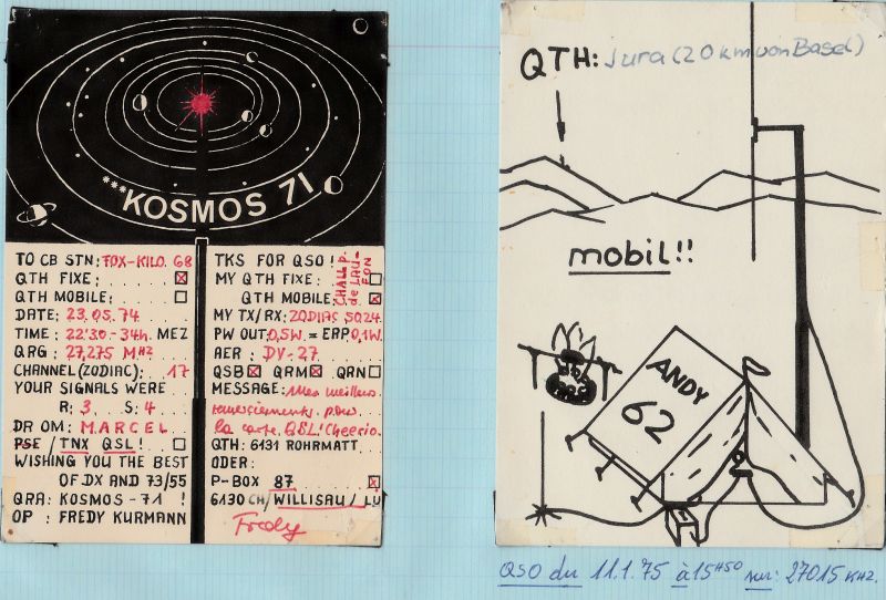 QSLs 27 Mhz de stations Suisses. QSL-KOSMOS71-CH-05-74-ANDY62-CH-01-75