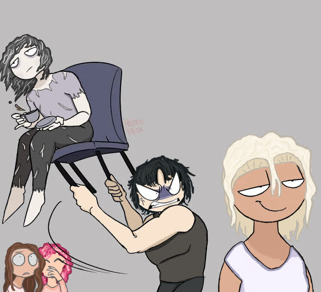 Da bois | Mors in the chair, Anti holding the chair, Malum about to get hit with that stupid look on his face, Aima watching on worriedly, and Epit giggling