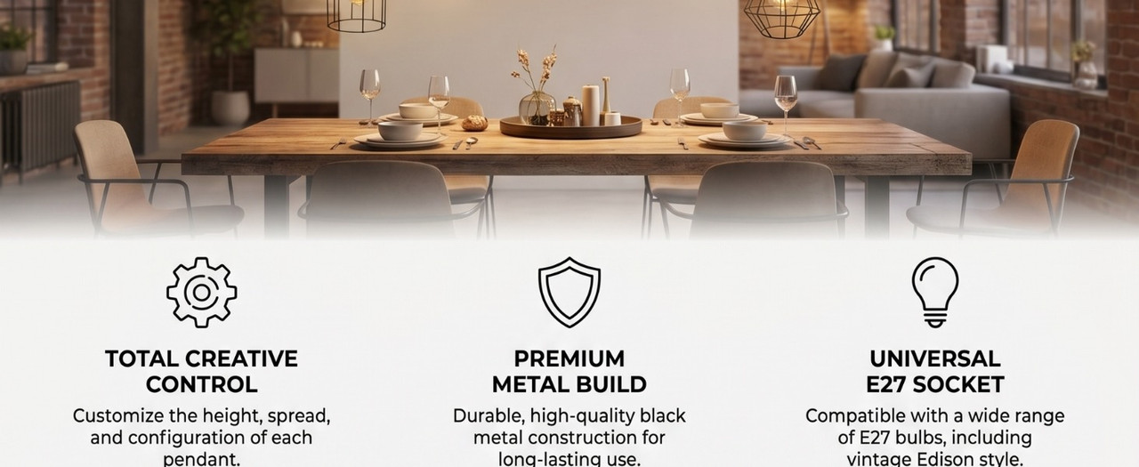 Three key features of the pendant light: total creative control icon, premium metal build shield icon, and universal E27 socket bulb icon