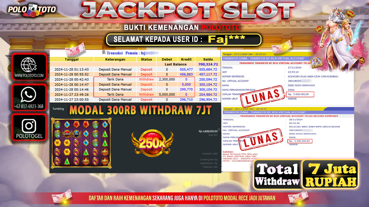 POLOTOTO JACKPOT SLOT GATES OF OLYMPUS Rp.7,000.000,-