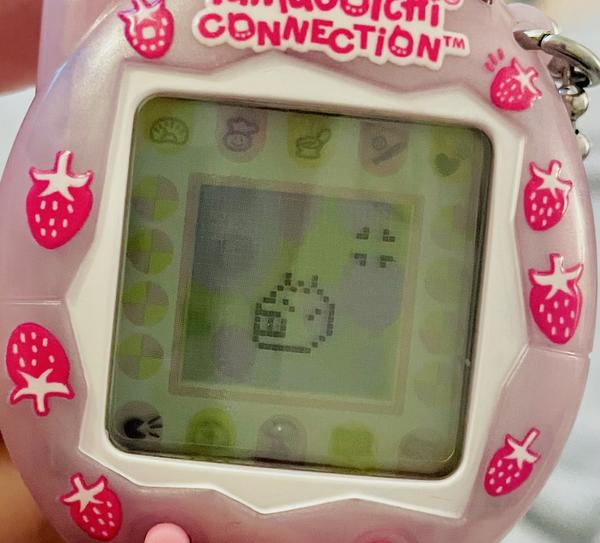 up close photo of a tamagotchi connection device (2024 rerelease) showing ALIBI gnashing her teeth in rage