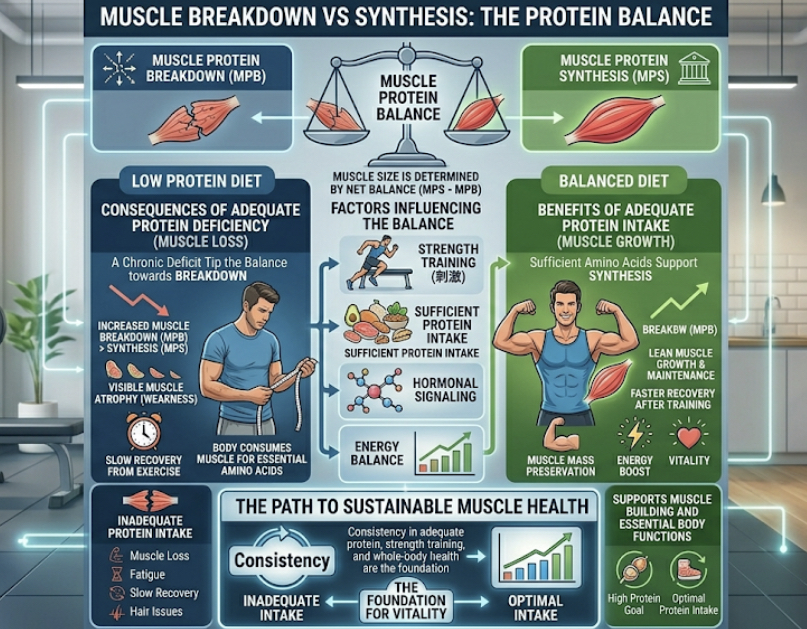 Diagram showing muscle breakdown vs synthesis, explaining what happens low protein diet and protein deficiency muscle loss