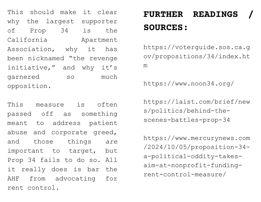 The fifth and sixth page of a zine titled 'PROP 34 & WHY IT ISN'T HERE TO HELP US'.