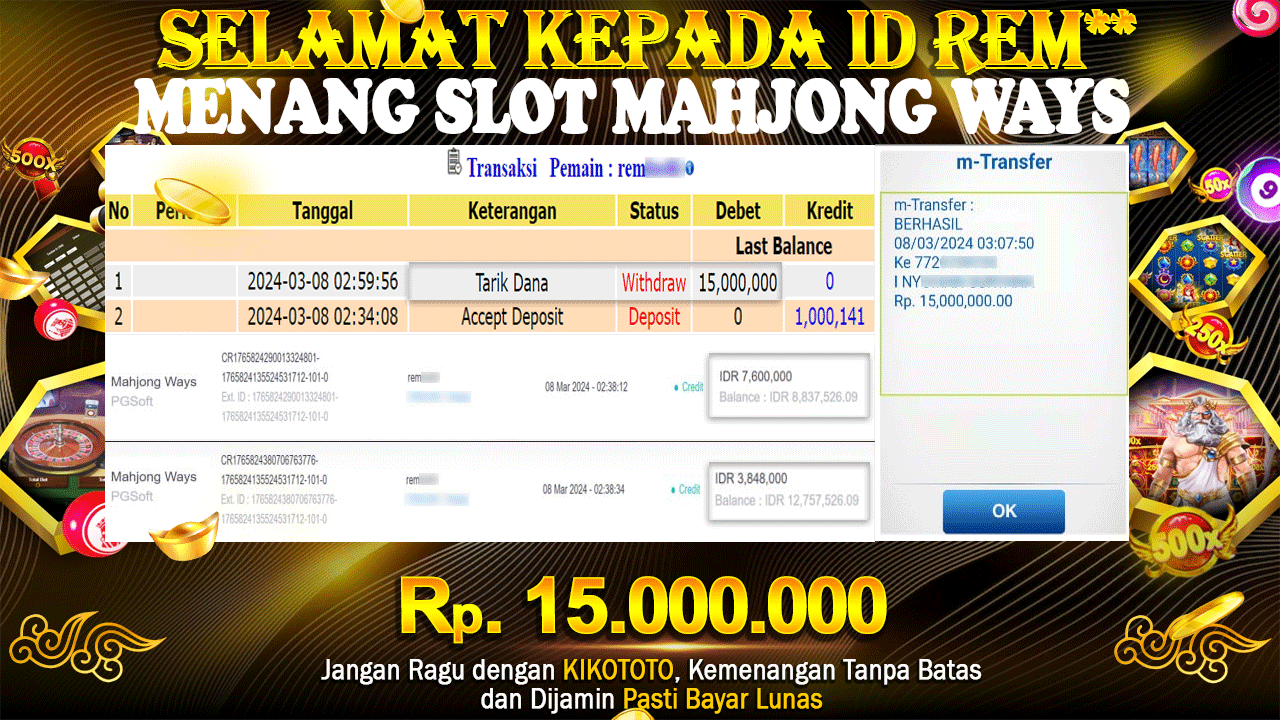 LAGI - LAGI !! MENANG BESAR DI SLOT ONLINE MAHJONG WAYS SEBESAR Rp 15,000,000 LANGSUNG DAN TANPA BASA BASI DI BAYAR KIKOTOTO !!!