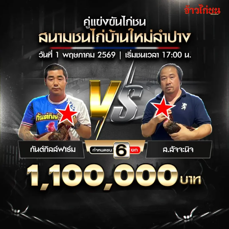 โปรแกรมไก่ชน สนามชนไก่บ้านใหม่ลำปาง 1 พฤษภาคม 2569 คู่ กันต์กิลล์ฟาร์ม พบ ส.สัจจะนิจ