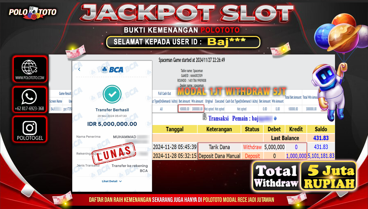 POLOTOTO JACKPOT LIVE GAME SPACEMAN Rp.5,000.000,-