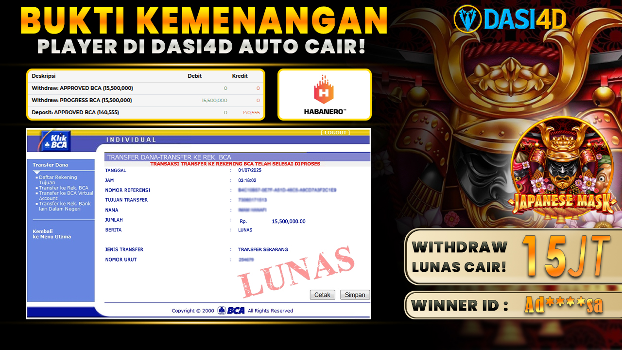 BUKTI KEMENANGAN 01 JULY 2025 DI JAPANESE MASK WD 15 JUTA