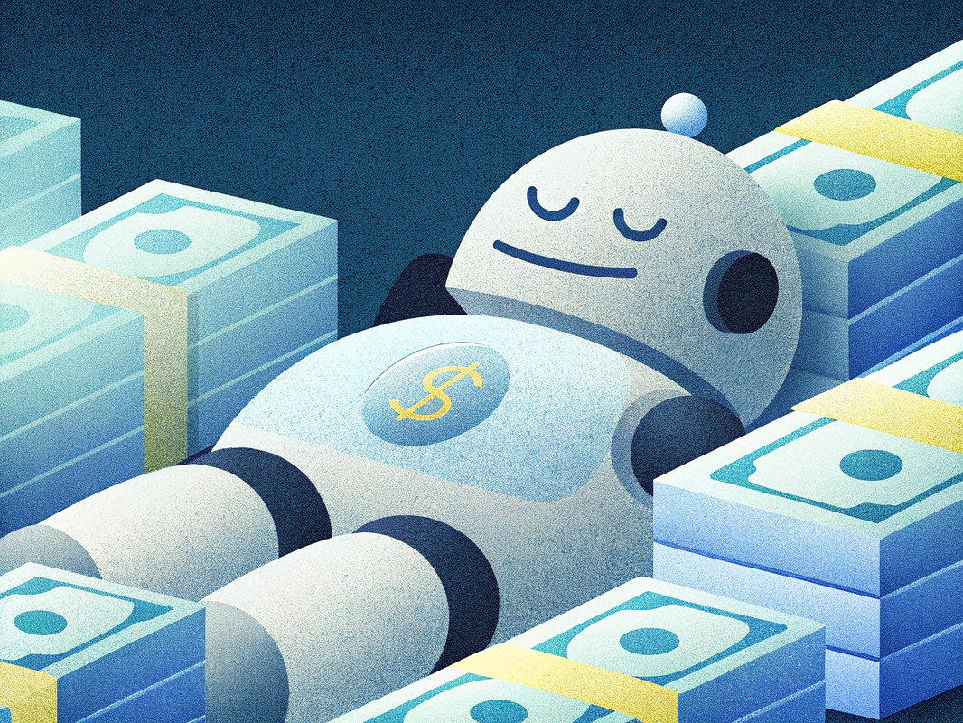 Robot Sleeping on Piles of Cash