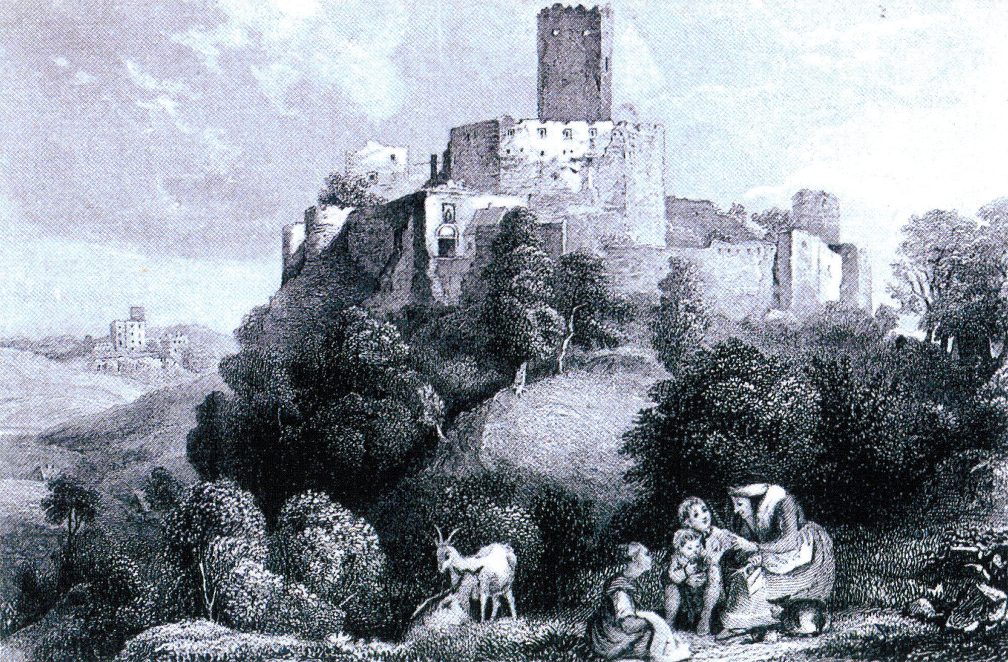 Rycina autorstwa Carla Friedricha Stuckarta, na której widać panoramę miasta i zamku Bolków z początku XIX w.