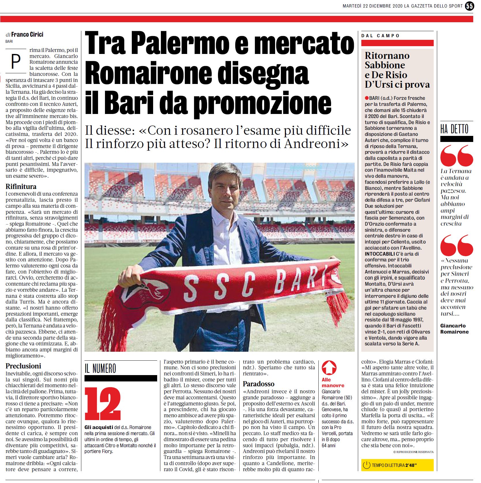 Edicola:22/12/20-GdS - Tra Palermo e mercato,Romairone disegna il Bari da promozione Gds