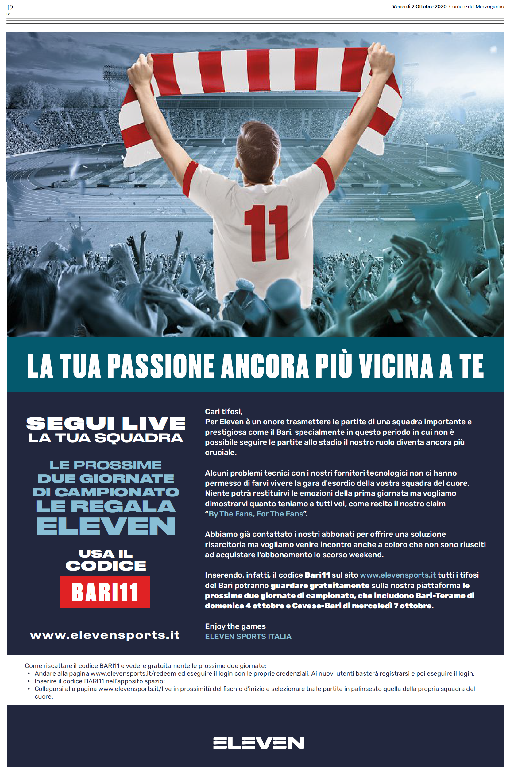 Solo per i tifosi del Bari promo Eleven sport. Cdm
