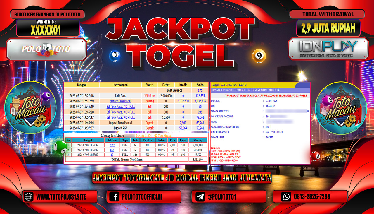 POLOTOTO JACKPOT TOGEL TOTO MACAU Rp.2.900.000,- LUNAS