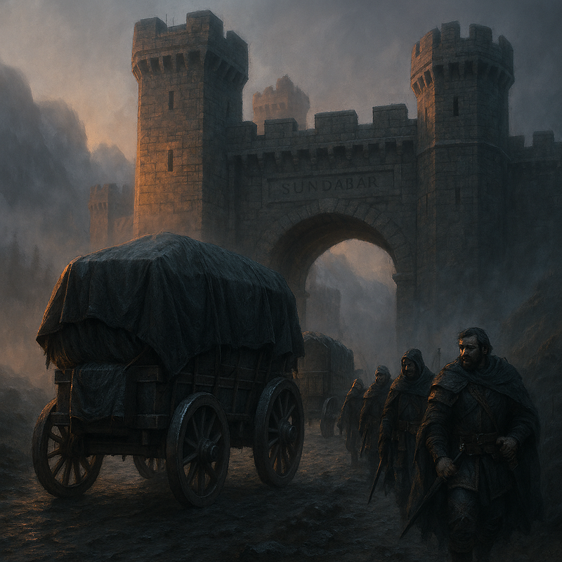 Prompt Cinematic fantasy art a heavy medieval caravan departing from the massive stone gates of S