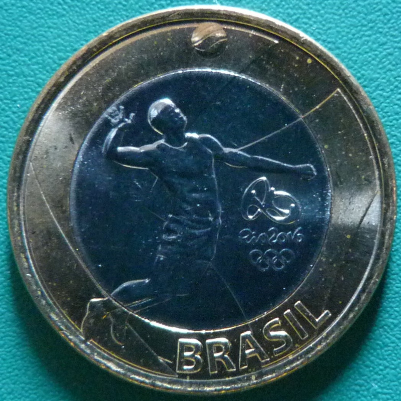 Brasil. Las monedas de los Juegos Olímpicos y Paralímpicos de Rio 2016. BRA-1-Real-2015-JJOO-voleibol-anv
