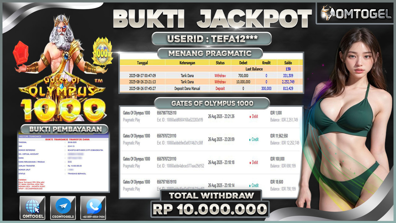 OMTOGEL JACKPOT PRAGMATIC PLAY GATES OF OLYMPUS 1000 10 JUTA DI BAYAR LUNAS ,-