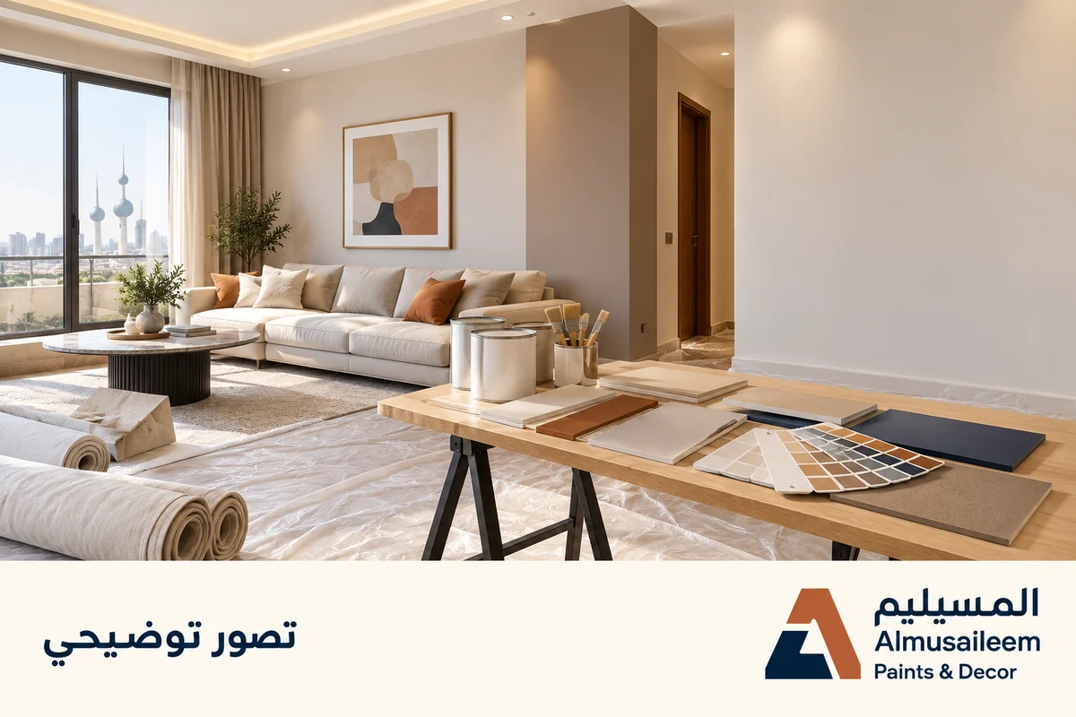 تصور توضيحي لتجديد تشطيبات صالة مع عينات ومواد حماية وشعار المسيليم